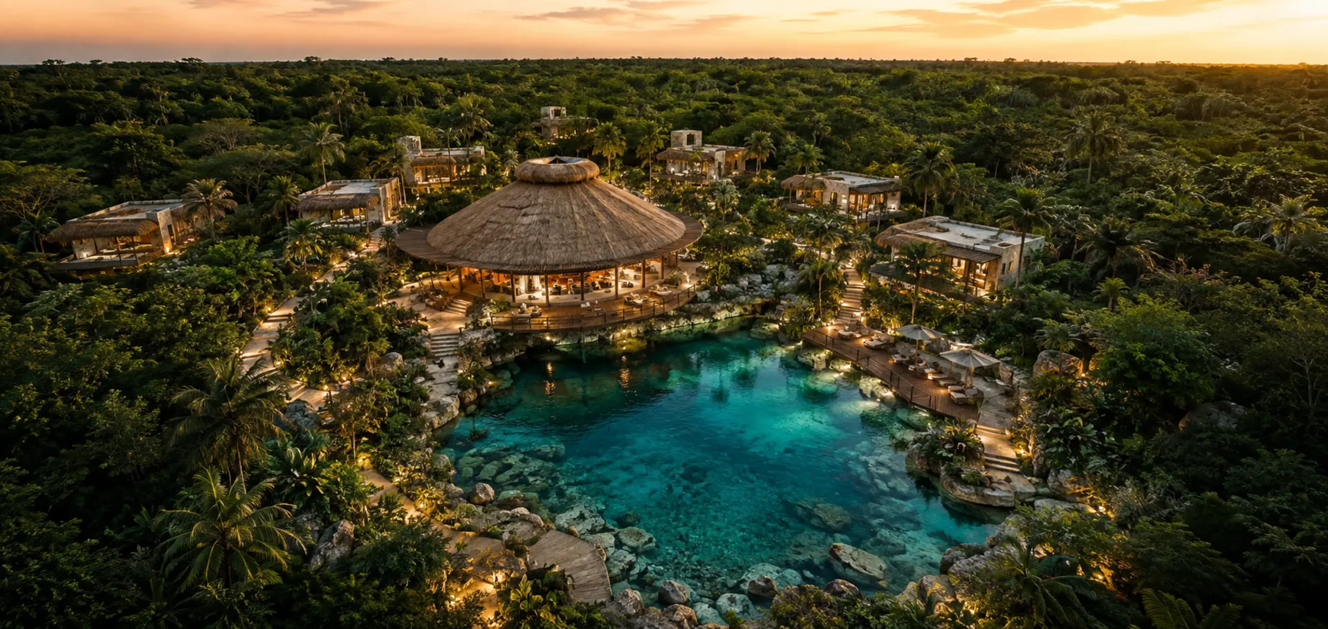 Visualización conceptual de un desarrollo ecoturístico integrado en la selva con cenote, palapa y residencias